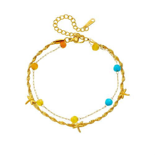 Stainless Steel Chain Bracelets, 304 Stainless Steel, with Resin, plated, Double Layer & fashion jewelry & for woman, golden 