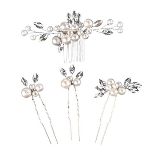 Zinklegierung Haar-Schmuck-Set, mit Messingdraht & Strass & Kunststoff Perlen, handgemacht, 4 Stück & Modeschmuck & für Braut, Silberfarbe, verkauft von setzen