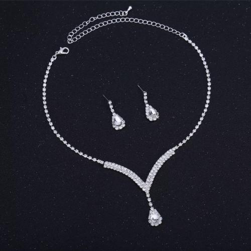 Messing Mode Schmuckset, Stud Ohrring & Halskette, mit Kristall, plattiert, 2 Stück & für Frau & mit Strass, keine, verkauft von setzen
