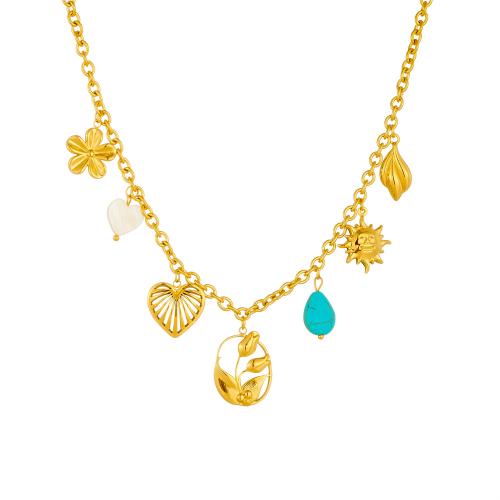 Collar de Acero Inoxidable, acero inoxidable 304, con turquesa & Nácar, chapado en color dorado, Joyería & para mujer, Vendido por UD