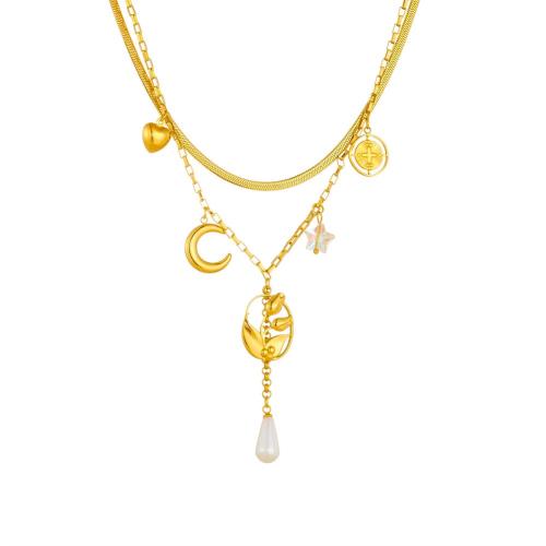 Edelstahl Schmuck Halskette, 304 Edelstahl, mit Kunststoff & Kunststoff Perlen, goldfarben plattiert, Doppelschicht & Modeschmuck & für Frau, verkauft von PC
