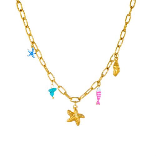 Collar de Acero Inoxidable, acero inoxidable 304, con turquesa, chapado, Joyería & para mujer & esmalte, dorado, Vendido por UD