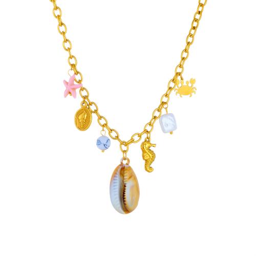 Collar de Acero Inoxidable, acero inoxidable 304, con Nácar Trompeta & resina & Perlas plásticas, chapado, Joyería & para mujer, dorado, Vendido por UD