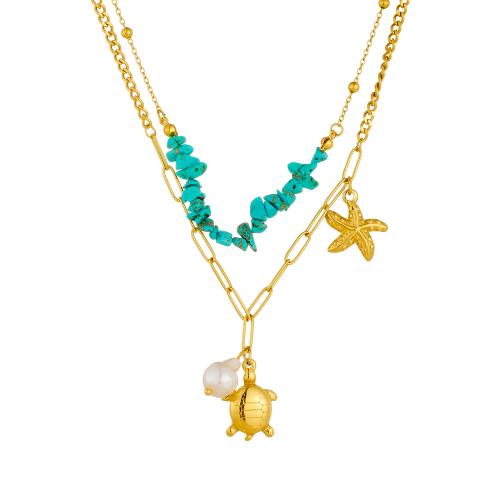 Collar de Acero Inoxidable, acero inoxidable 304, con turquesa & Perlas plásticas, chapado, Doble capa & Joyería & para mujer, dorado, Vendido por UD