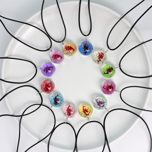 Glass Necklace, with Dried Flower & PU Leather, with 2inch extender chain, Round, handmade, fashion jewelry & Unisex Approx 17.7 Inch [