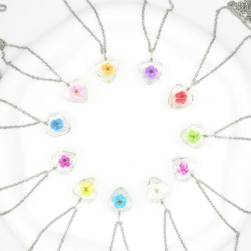 Glass Necklace, with 304 Stainless Steel Chain & Dried Flower, Heart, handmade, fashion jewelry & for woman Approx 16-20 Inch 