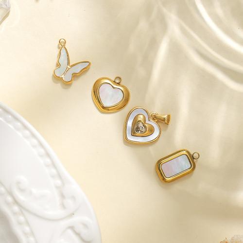 Rhinestone Stainless Steel Pendants, 304 Stainless Steel, with White Shell, gold color plated, DIY & with rhinestone, golden, nickel, lead & cadmium free 
