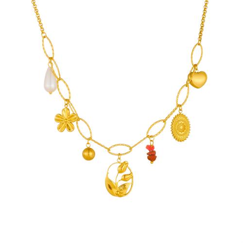 Edelstahl Schmuck Halskette, 304 Edelstahl, mit SteinKorn & Kunststoff Perlen, goldfarben plattiert, Modeschmuck & für Frau & hohl, verkauft von PC