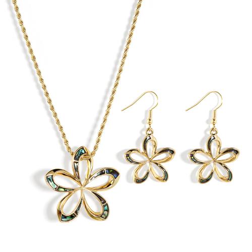 Shell Jewelry Sets, Zinc Alloy, earring & necklace, with iron chain & Abalone Shell, Flower, plated, 2 pieces & for woman & hollow 