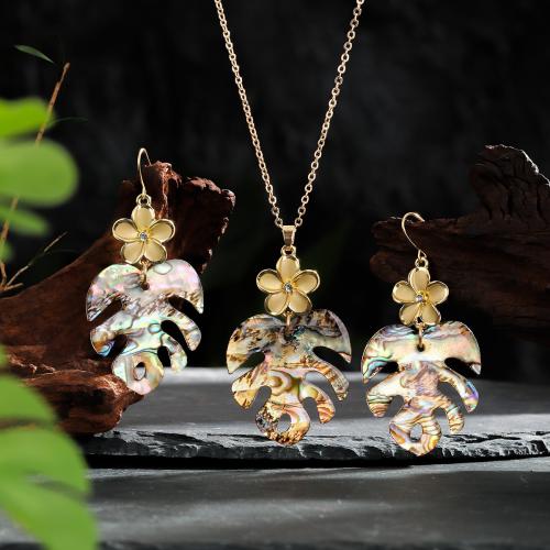 Shell Jewelry Sets, Abalone Shell, with iron chain & Zinc Alloy, Leaf, handmade & for woman & with rhinestone & hollow 