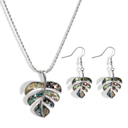 Shell Jewelry Sets, Abalone Shell, earring & necklace, with iron chain & Zinc Alloy, Leaf, plated, 2 pieces & for woman & hollow 