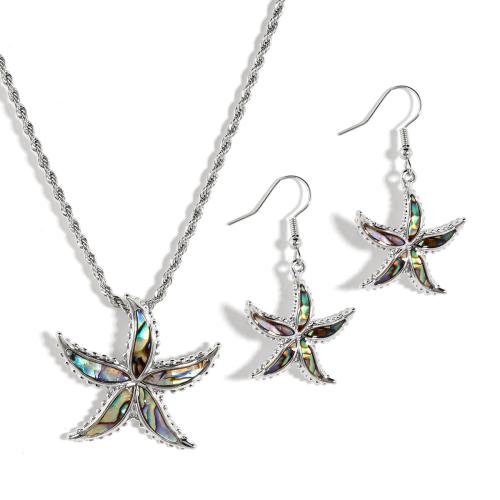 Shell Jewelry Sets, Abalone Shell, earring & necklace, with iron chain & Zinc Alloy, Starfish, plated, 2 pieces & natural & for woman 