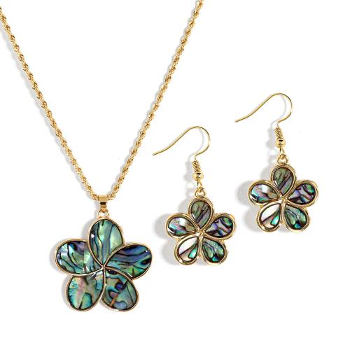 Shell Jewelry Sets, Abalone Shell, sweater chain necklace & earring, with iron chain & Zinc Alloy, Flower, plated, 2 pieces & fashion jewelry & for woman 