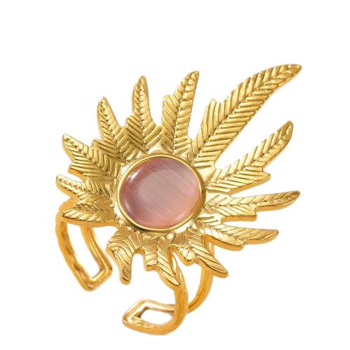 Acier inoxydable 304 Cuff Bague, avec Oeil de chat, feuille, Placage de couleur d'or, bijoux de mode & unisexe & creux, plus de couleurs à choisir, Vendu par PC