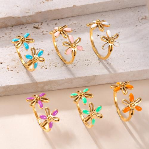 304 Stainless Steel Cuff Finger Ring, Flower, gold color plated, for woman & enamel & hollow 