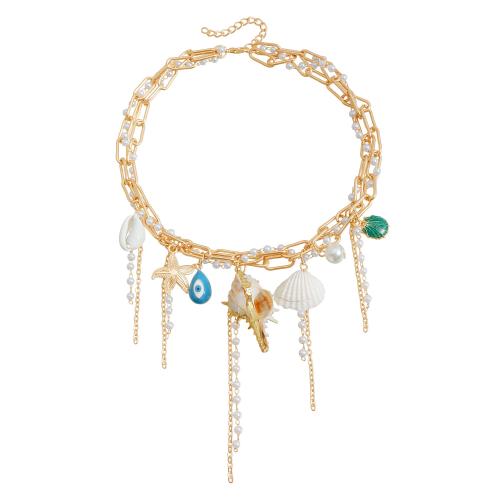 Zinklegierung Franse Halskette, mit Muschel & Trompete Muschel & Kunststoff Perlen, plattiert, Modeschmuck & für Frau & Emaille, goldfarben, verkauft von PC