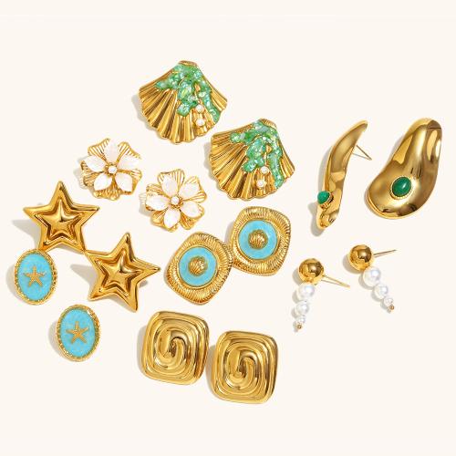 Edelstahl Stud Ohrring, 304 Edelstahl, mit Naturstein & Harz & Kunststoff Perlen, Fisch, goldfarben plattiert, Modeschmuck & verschiedene Stile für Wahl & Emaille, keine, verkauft von Paar