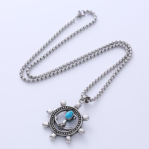 316Lステンレススチール ネックレス, とともに ターコイズ, 舵, 洗練されました。, 異なるスタイルを選択 & 男性用 & くり抜き, オリジナルカラー X42mm., 長さ:60 センチ, 売り手 パソコン