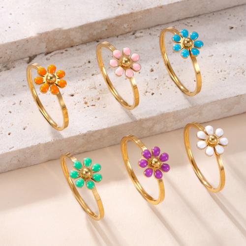 Enamel Stainless Steel Finger Ring, 304 Stainless Steel, Flower, gold color plated, Unisex 