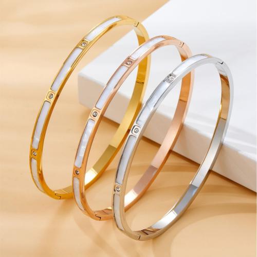 Stainless Steel Bangle, 304 Stainless Steel, with White Shell, plated, fashion jewelry & for woman & with rhinestone Inner . 