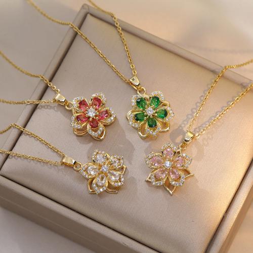 キュービックジルコンマイクロパヴェブラスネックレス, 銅, とともに 5cm エクステンダチェーン, 花形, ゴールドメッキ, 回転式 & マイクロパヴェジルコニア & 女性用, 無色, Pendant : 長さ:40 センチ, 売り手 パソコン