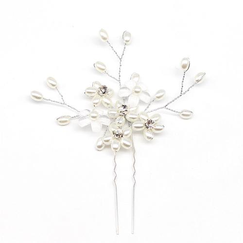 Hair Stick, Zinc Alloy, with brass wire & Plastic & Plastic Pearl, handmade, fashion jewelry & for bridal & with rhinestone, silver color 