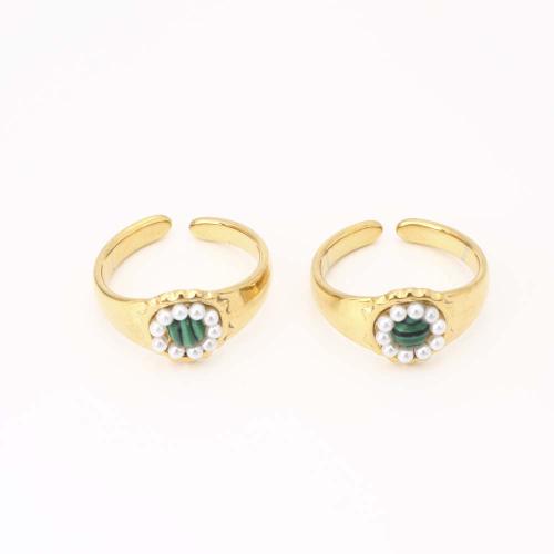 Edelstein Edelstahl Fingerring, 304 Edelstahl, mit Synthetik+Malachit & Kunststoff Perlen, Modeschmuck & für Frau, goldfarben, Innendurchmesser:ca. 17mm, verkauft von PC