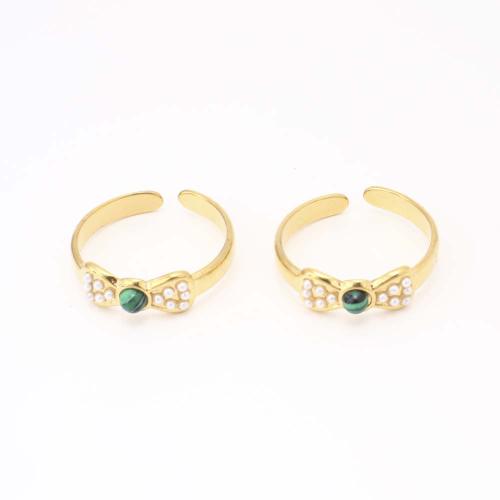 Edelstein Edelstahl Fingerring, 304 Edelstahl, mit Synthetik+Malachit & Kunststoff Perlen, Modeschmuck & für Frau, goldfarben, Innendurchmesser:ca. 17mm, verkauft von PC