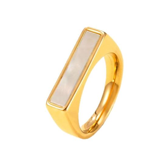 Stainless Steel Finger Ring, 304 Stainless Steel, with White Shell, 18K gold plated  & for woman 