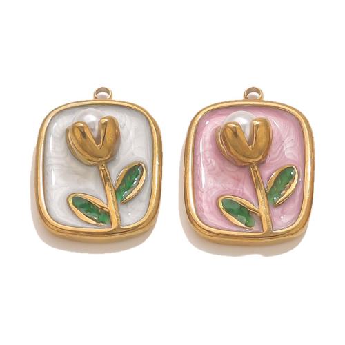 Inoxydable acier Pendentif Fleur, Acier inoxydable 304, rectangle, Placage de couleur d'or, DIY & émail, plus de couleurs à choisir, Vendu par PC