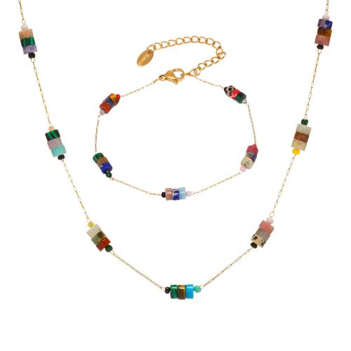 Acier inoxydable 304 parure de bijoux, avec Pierre naturelle, Plaqué or 18K, bijoux de mode & styles différents pour le choix & pour femme, Vendu par PC