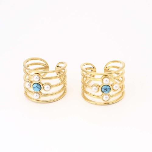 Edelstein Edelstahl Fingerring, 304 Edelstahl, mit Türkis & Kunststoff Perlen, Modeschmuck & für Frau, goldfarben, Innendurchmesser:ca. 19mm, verkauft von PC