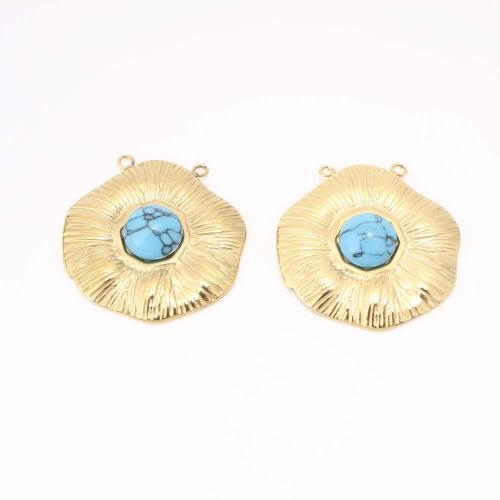 Acier inoxydable 304 Pendentif, avec turquoise, fleur, DIY & double trou, doré, Vendu par PC