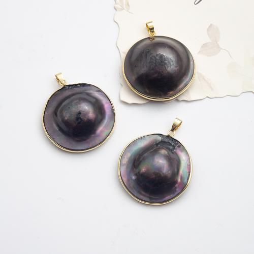 Freshwater Pearl Pendant, with Alloy & Black Shell, Round, gold color plated, fashion jewelry, black 