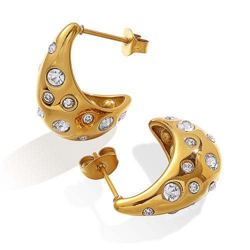 Stainless Steel Rhinestone Stud Earring, 304 Stainless Steel, 18K gold plated, fashion jewelry & for woman & with rhinestone 