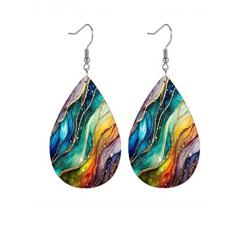 PU Leather Drop Earring, with Zinc Alloy, Teardrop, printing, fashion jewelry & for woman & double-sided, multi-colored 