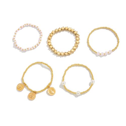 Zinklegierung Armband-Set, mit Seedbead & elastischer Faden & Verkupferter Kunststoff & Kunststoff Perlen, plattiert, 5 Stück & Modeschmuck & für Frau, goldfarben, verkauft von setzen
