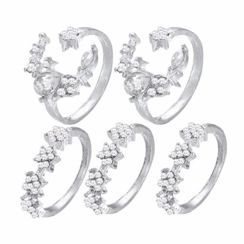 Zinc Alloy Ring Set, 5 pieces & for woman & with rhinestone, silver color, US Ring 