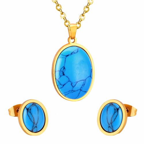 Conjuntos de joyas de acero inoxidable de turquesa, acero inoxidable 304, Pendiente de stud & collar, con turquesa, chapado, 2 piezas & Joyería & para mujer, más colores para la opción, Vendido por Set