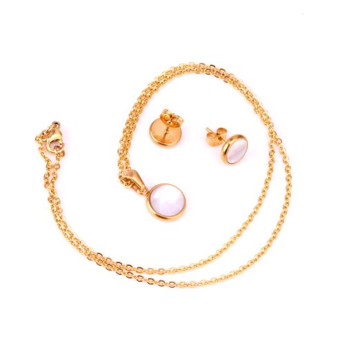 304 Stainless Steel Jewelry Set, Stud Earring & necklace, with White Shell, Round, plated, 2 pieces & fashion jewelry & for woman 