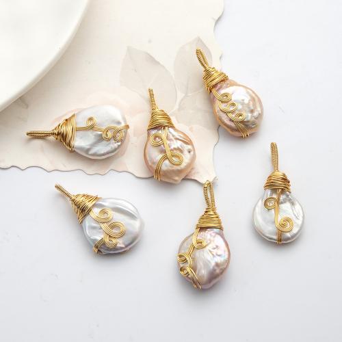 Freshwater Pearl Pendants, with Alloy, Baroque, gold color plated, fashion jewelry 