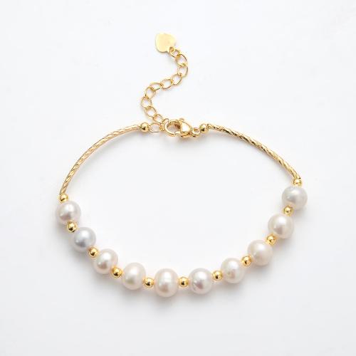perle d'eau douce cultivée bracelet, avec Alliage, Rond, Placage de couleur d'or, bijoux de mode, blanc, Diamètre inté Environ 55mm, Vendu par PC[