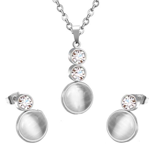 304 Stainless Steel Jewelry Set, Stud Earring & necklace, with Cubic Zirconia & Cats Eye, Round, plated, 2 pieces & fashion jewelry & for woman 