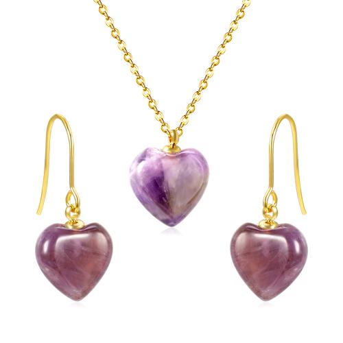 Acier inoxydable 304 parure de bijoux, boucle d'oreille & collier, avec pierre gemme, coeur, Placage de couleur d'or, 2 pièces & différents matériaux pour le choix & pour femme, plus de couleurs à choisir, Vendu par fixé