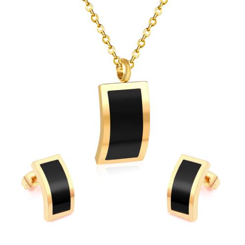 304 Stainless Steel Jewelry Set, Stud Earring & necklace, with Black Shell, Rectangle, plated, 2 pieces & fashion jewelry & for woman 