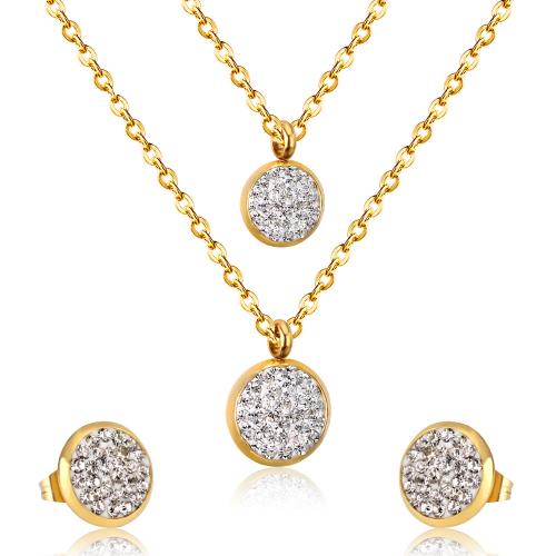 Bijoux strass en acier inoxydable Set, Acier inoxydable 304, Boucle d’oreille stud & collier, Rond, Placage de couleur d'or, 2 pièces & Double couche & pour femme & avec strass, Vendu par fixé