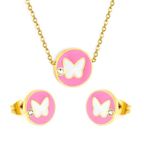Ensembles de bijoux en acier inoxydable émaillé, Acier inoxydable 304, Boucle d’oreille stud & collier, Rond, Placage de couleur d'or, 2 pièces & pour femme & avec strass, Vendu par fixé