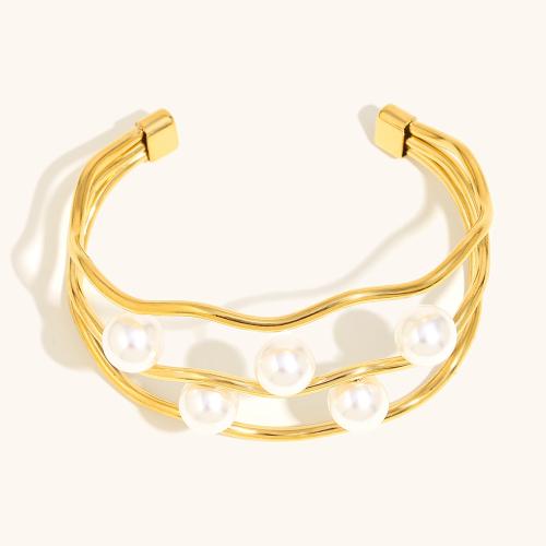 Bracelet en acier inoxydable, Acier inoxydable 304, avec perle de plastique, Plaqué or 18K, trois couches & bijoux de mode & pour femme, Vendu par PC[