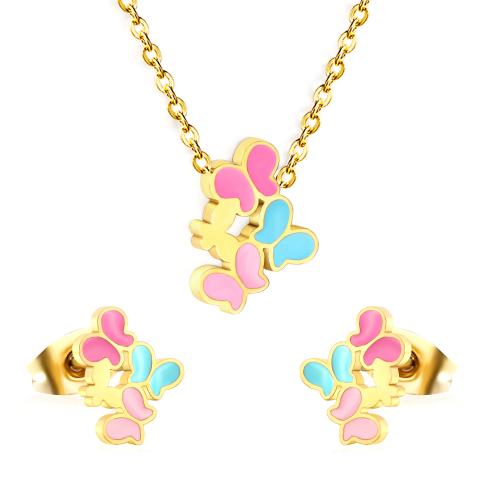 Ensembles de bijoux en acier inoxydable émaillé, Acier inoxydable 304, Boucle d’oreille stud & collier, papillon, Placage de couleur d'or, 2 pièces & pour femme, Vendu par fixé