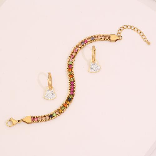 Bijoux strass en acier inoxydable Set, Acier inoxydable 304, Bracelet & boucle d'oreille, Placage de couleur d'or, 2 pièces & pour femme & avec strass, plus de couleurs à choisir, Vendu par fixé